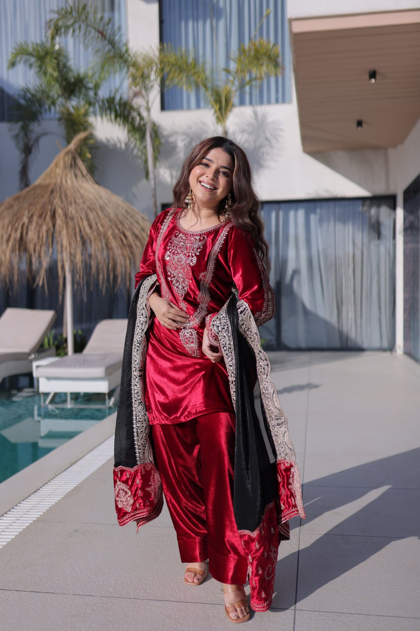 Red Designer Ice Velvet Embroidered Pant Set with Sequins Dupatta