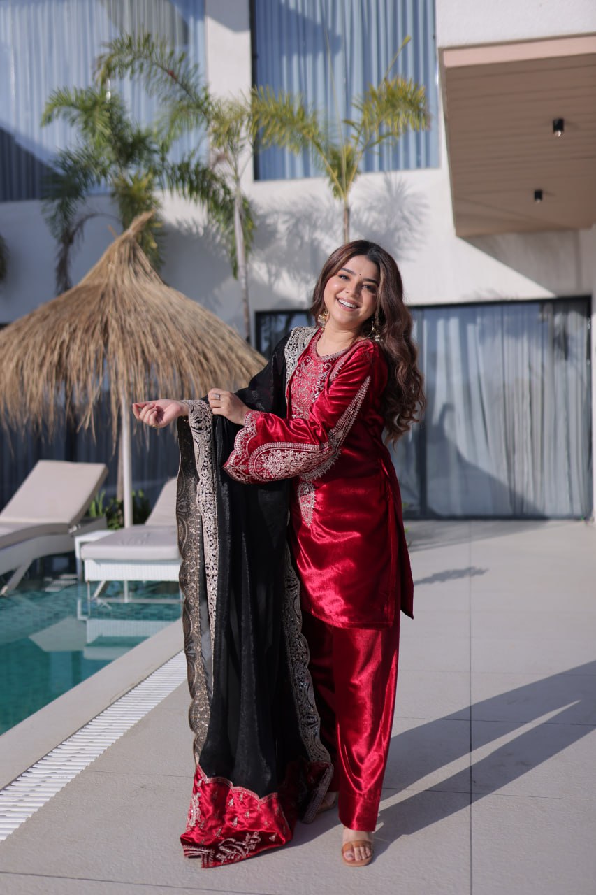 Red Designer Ice Velvet Embroidered Pant Set with Sequins Dupatta