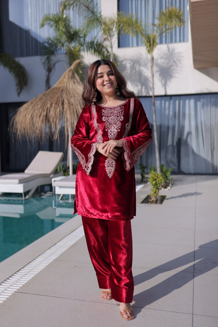 Red Designer Ice Velvet Embroidered Pant Set with Sequins Dupatta
