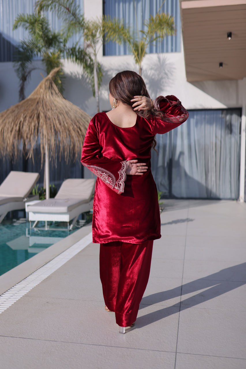 Red Designer Ice Velvet Embroidered Pant Set with Sequins Dupatta