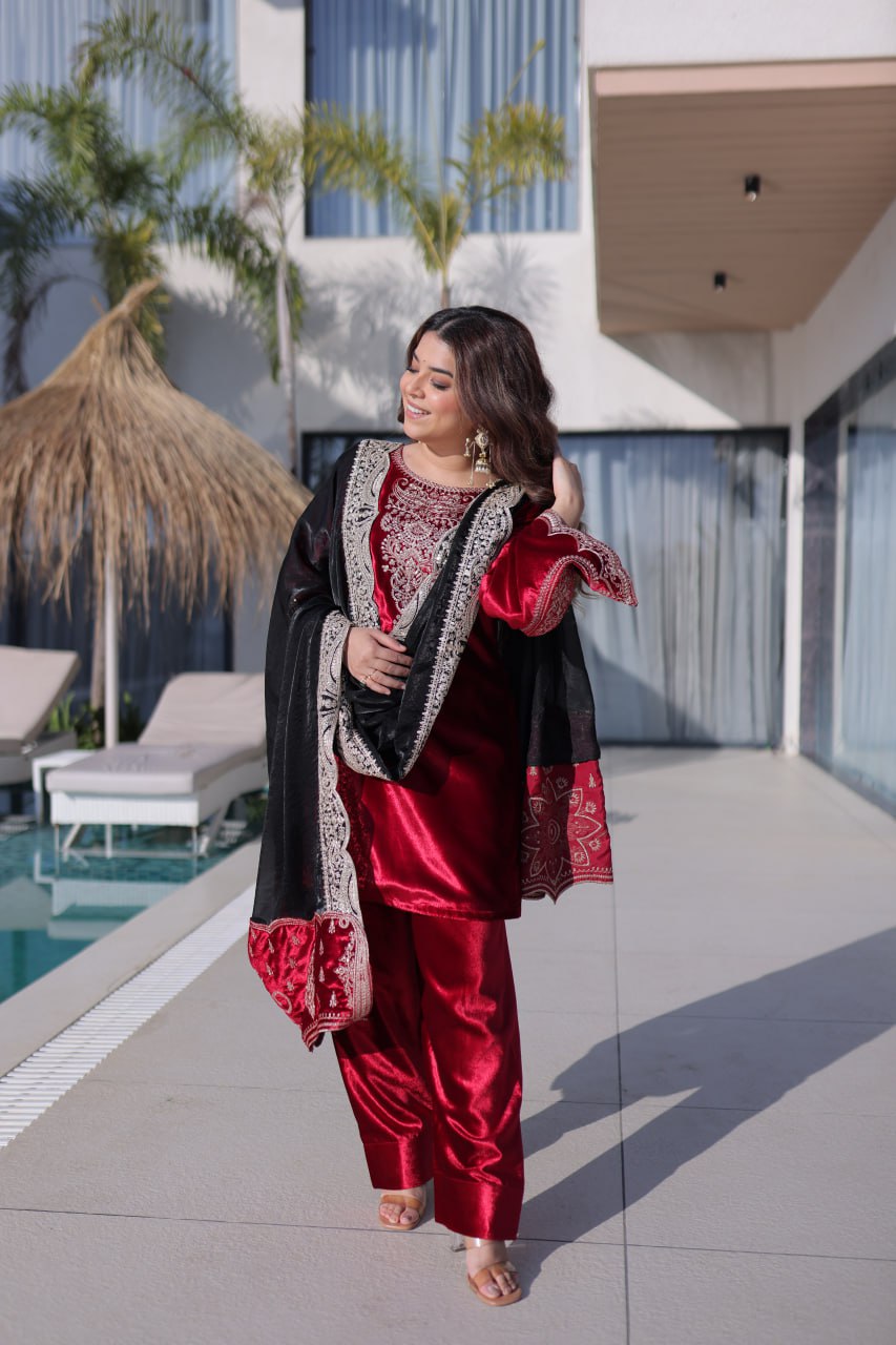 Red Designer Ice Velvet Embroidered Pant Set with Sequins Dupatta