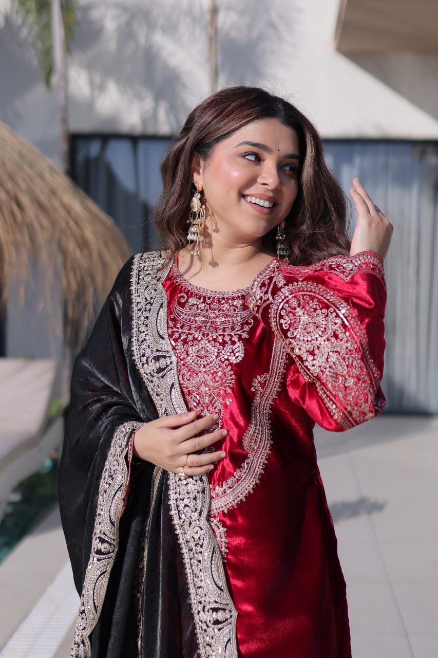 Red Designer Ice Velvet Embroidered Pant Set with Sequins Dupatta