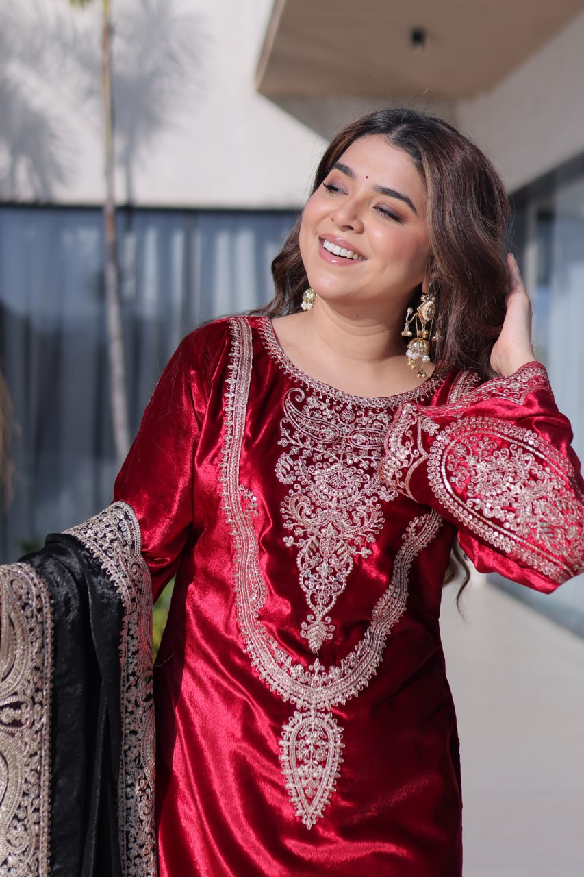 Red Designer Ice Velvet Embroidered Pant Set with Sequins Dupatta