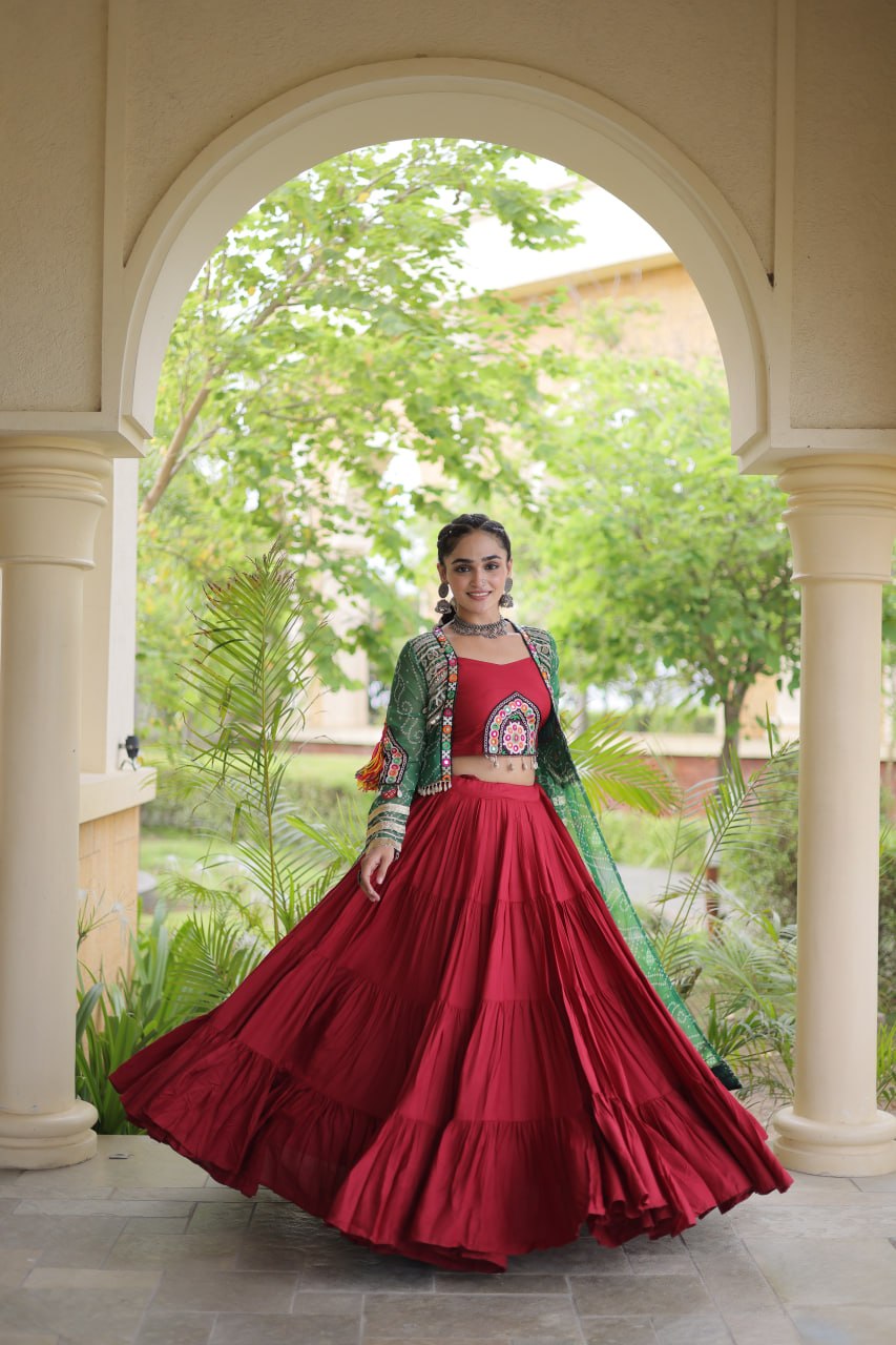 Red Designer Lehenga With Bandhani Shrug