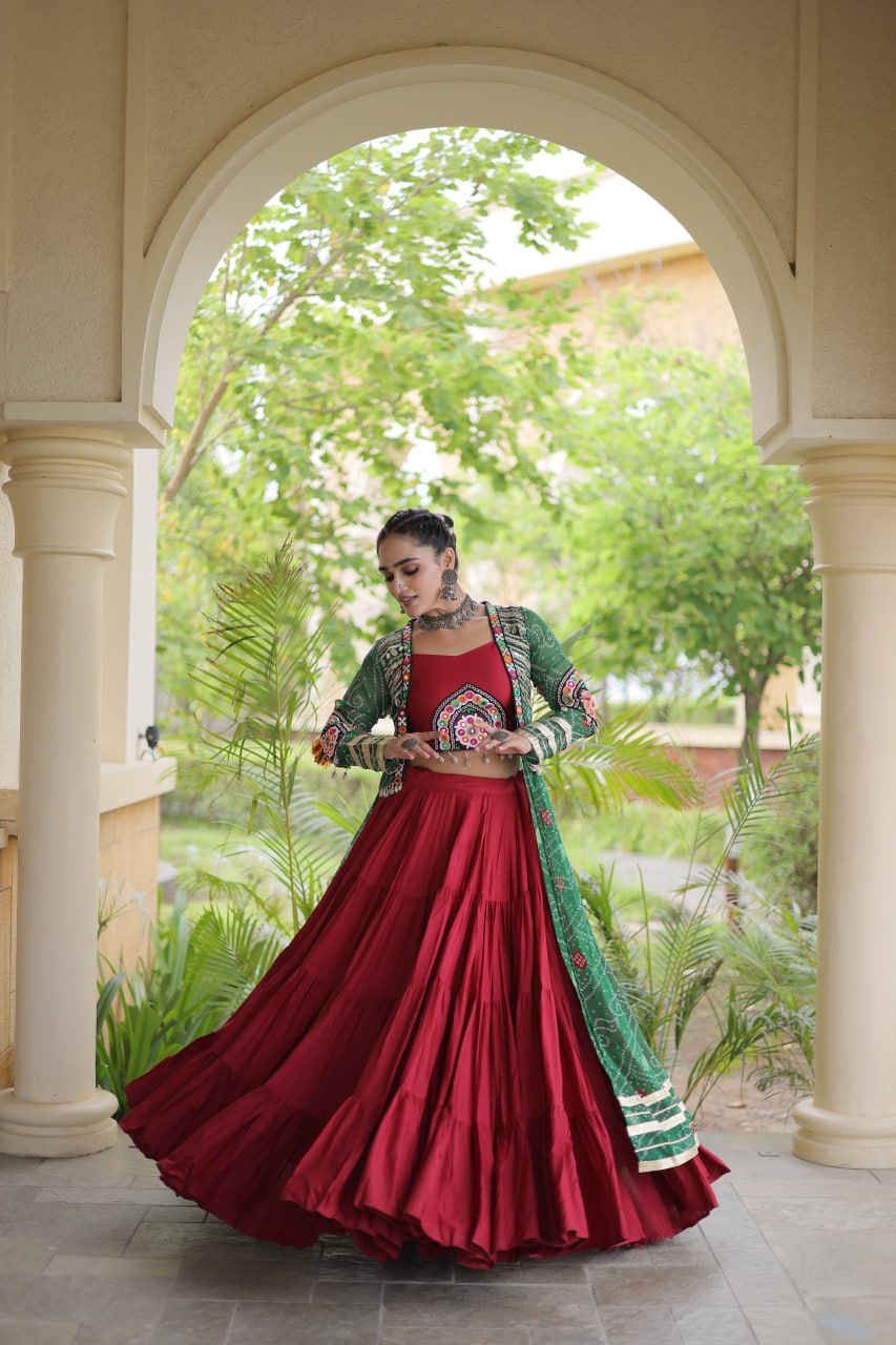 Red Designer Lehenga With Bandhani Shrug