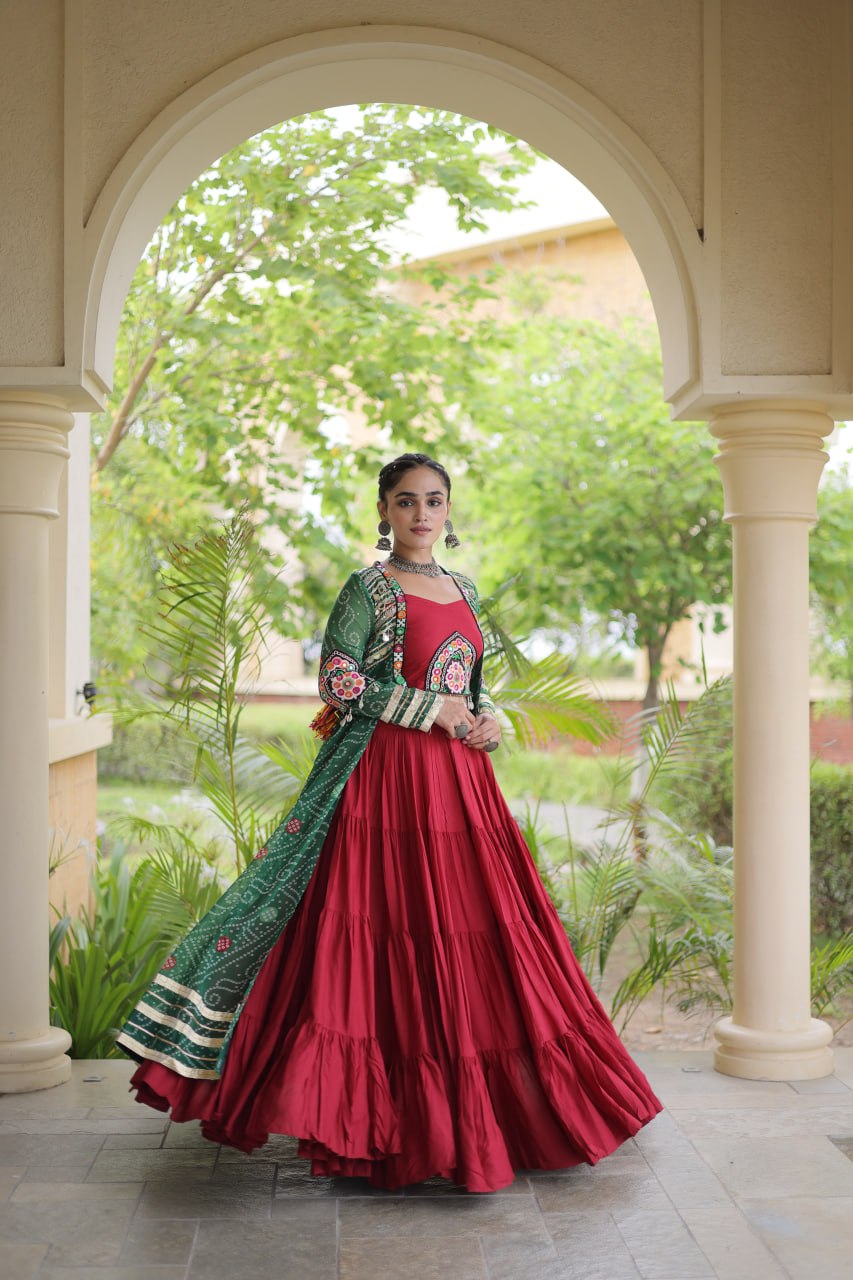Red Designer Lehenga With Bandhani Shrug
