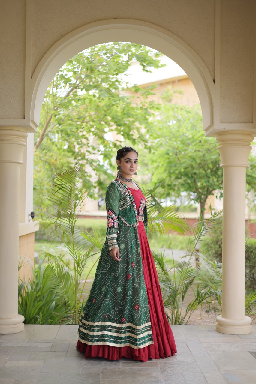Red Designer Lehenga With Bandhani Shrug