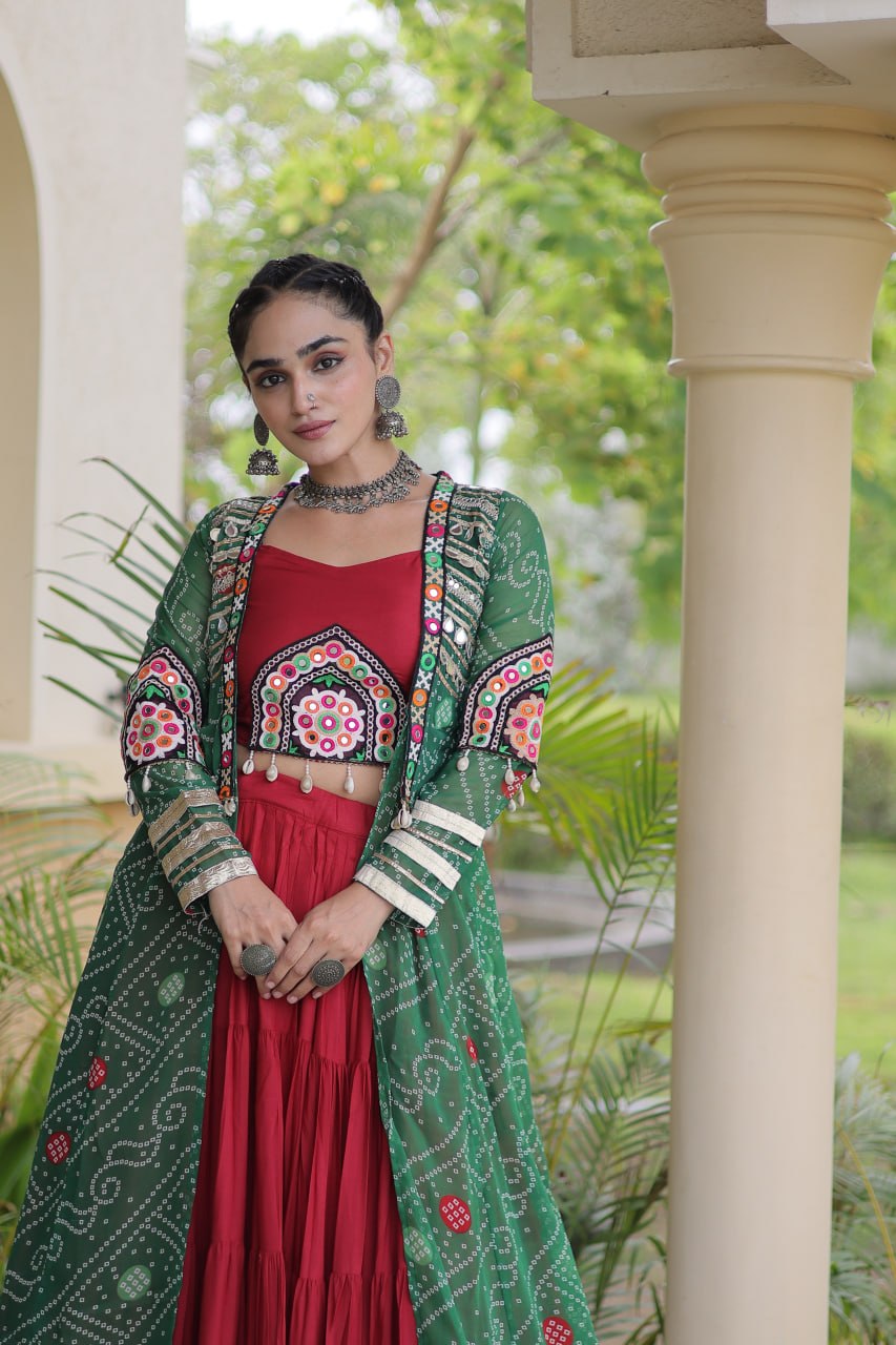 Red Designer Lehenga With Bandhani Shrug