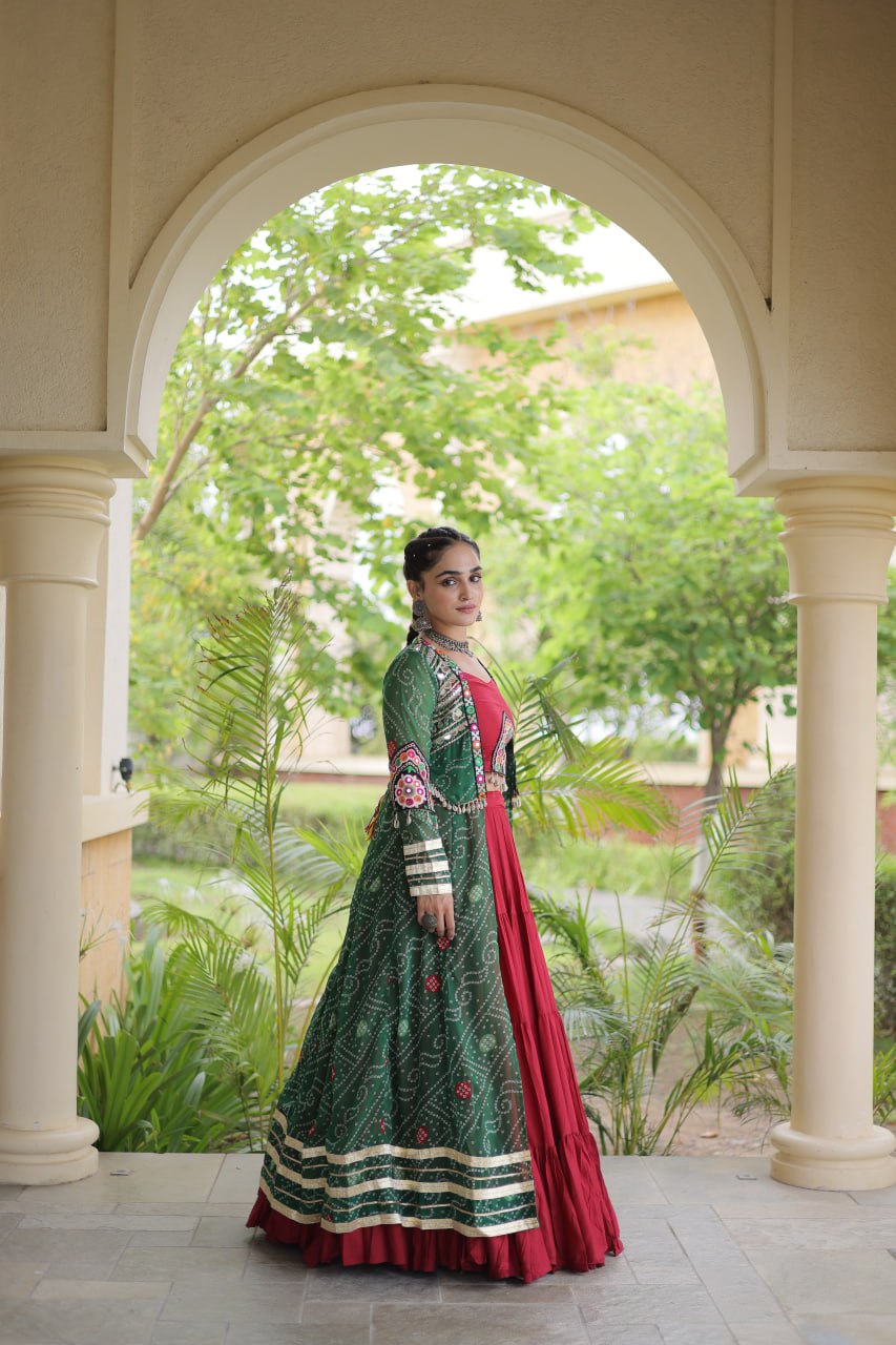 Red Designer Lehenga With Bandhani Shrug