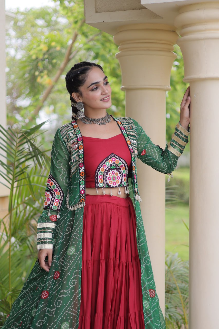 Red Designer Lehenga With Bandhani Shrug