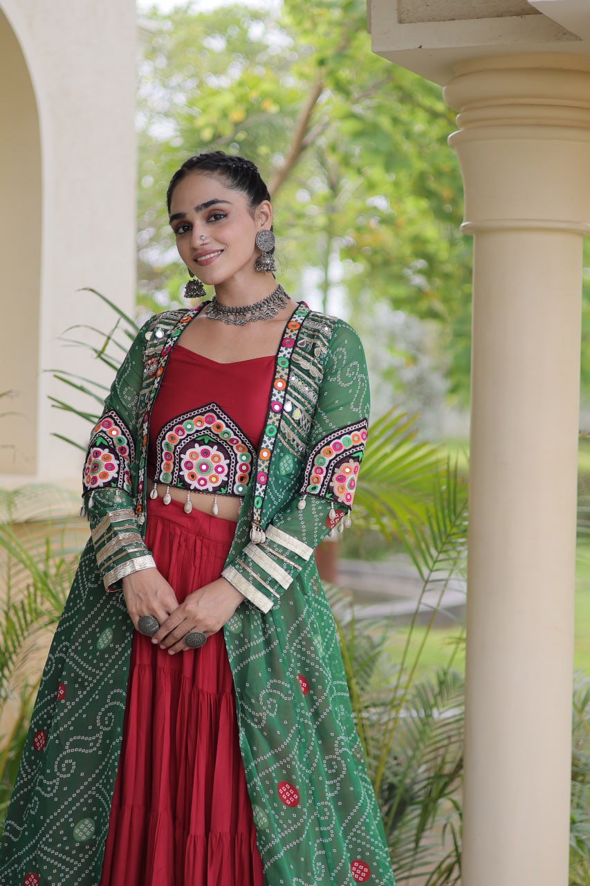Red Designer Lehenga With Bandhani Shrug