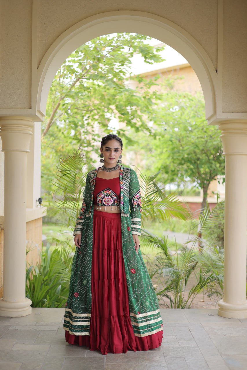 Red Designer Lehenga With Bandhani Shrug