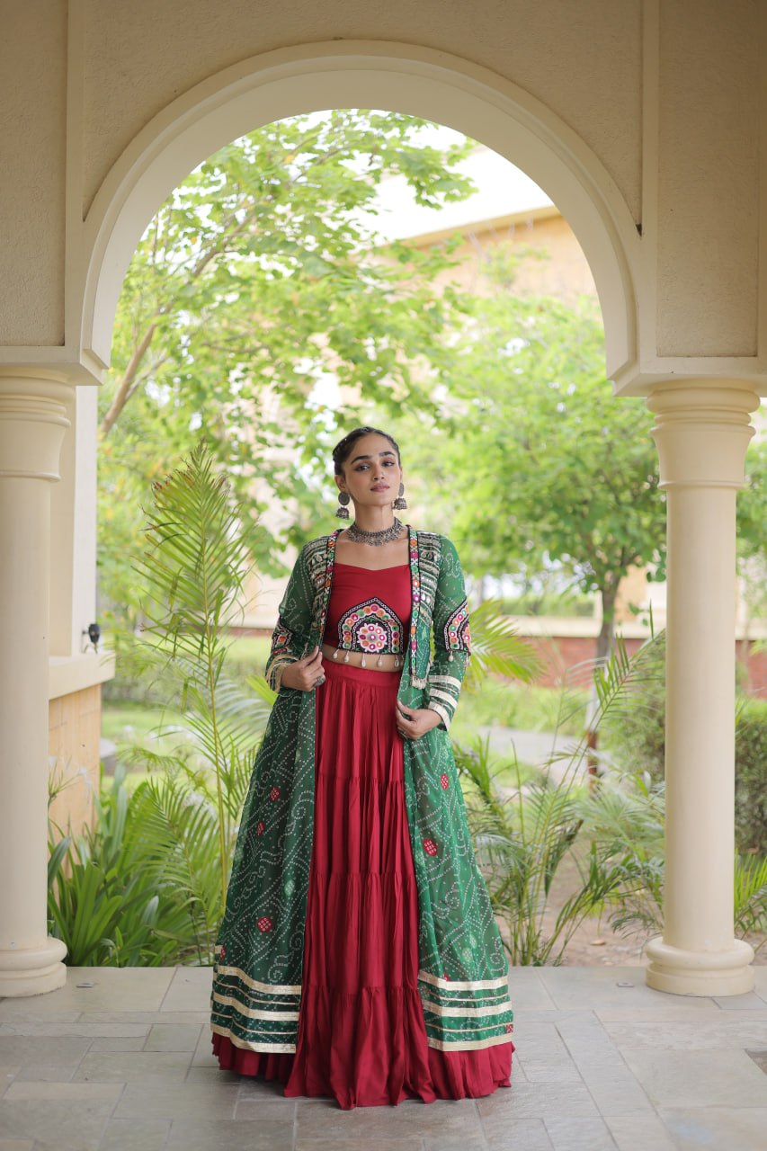 Red Designer Lehenga With Bandhani Shrug