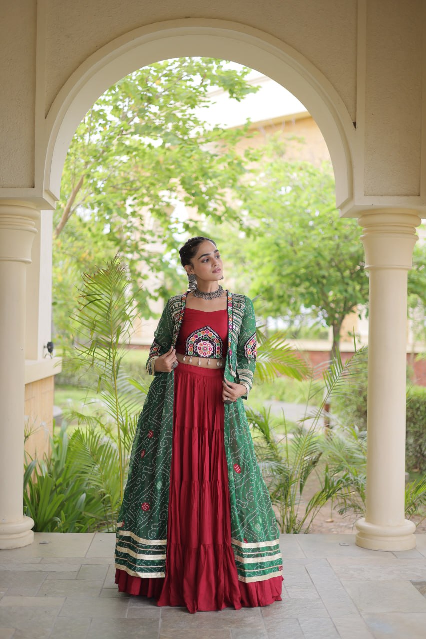 Red Designer Lehenga With Bandhani Shrug