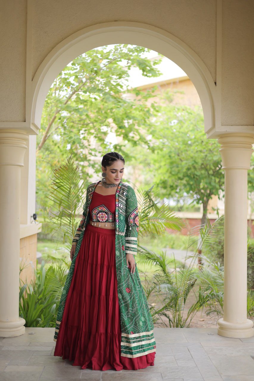 Red Designer Lehenga With Bandhani Shrug