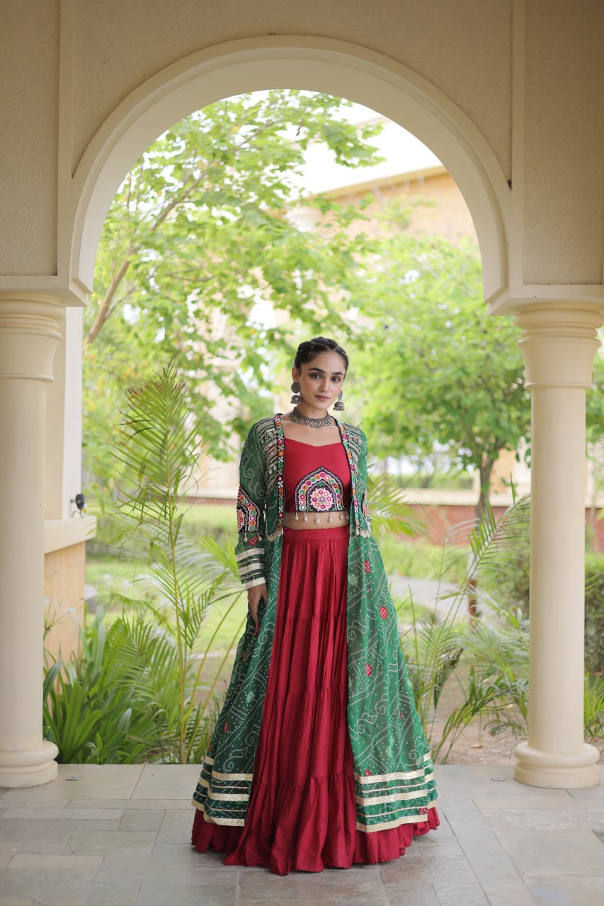 Red Designer Lehenga With Bandhani Shrug