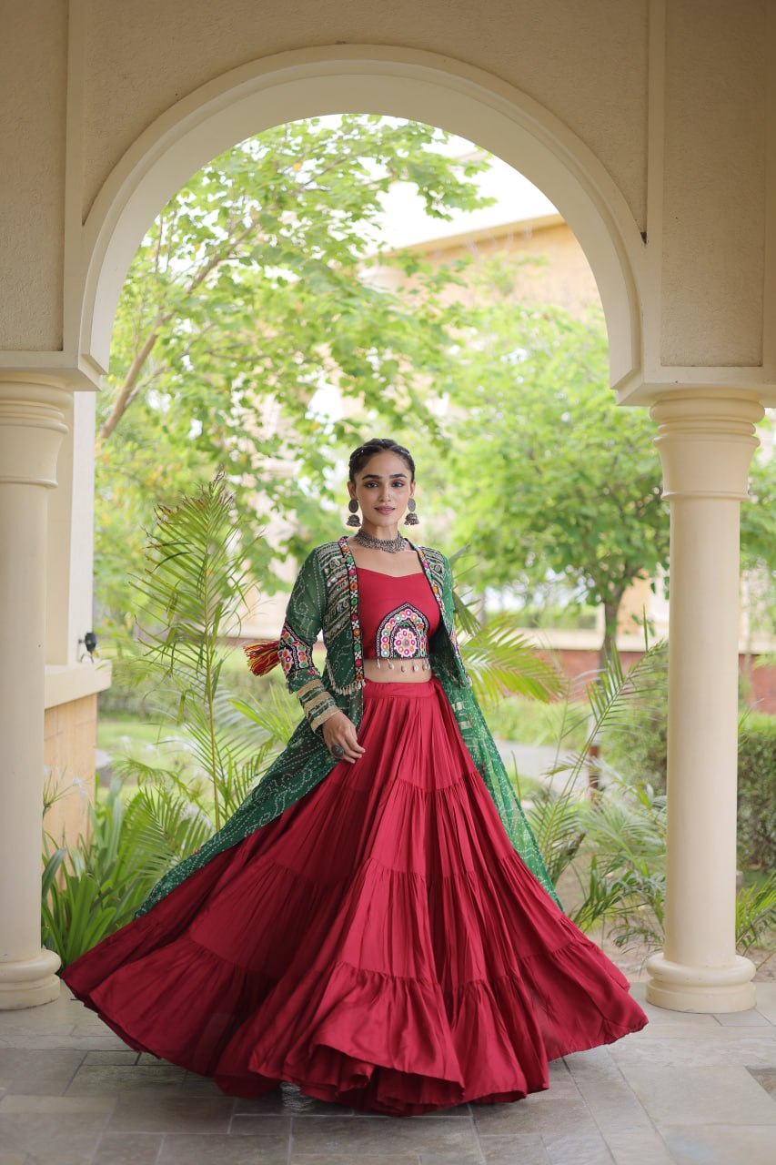 Red Designer Lehenga With Bandhani Shrug