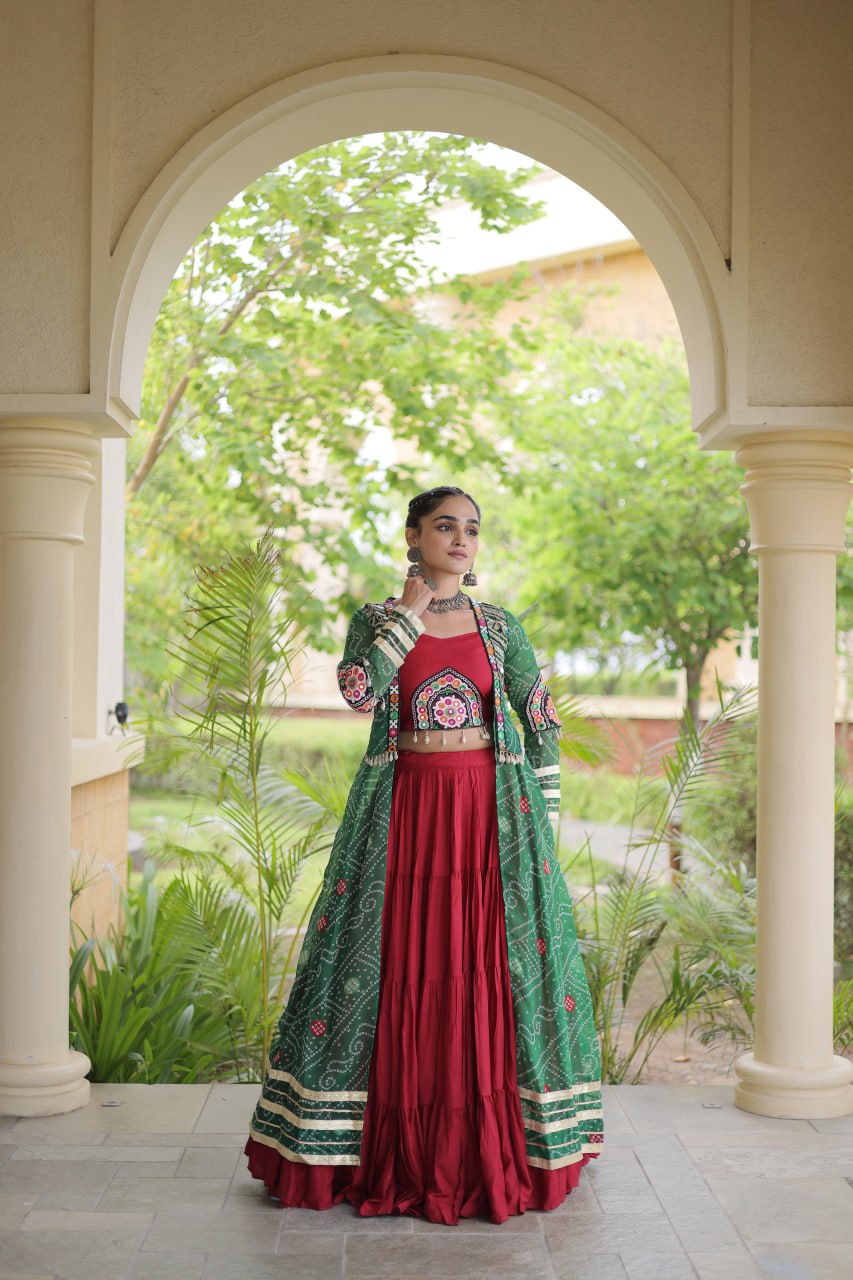 Red Designer Lehenga With Bandhani Shrug