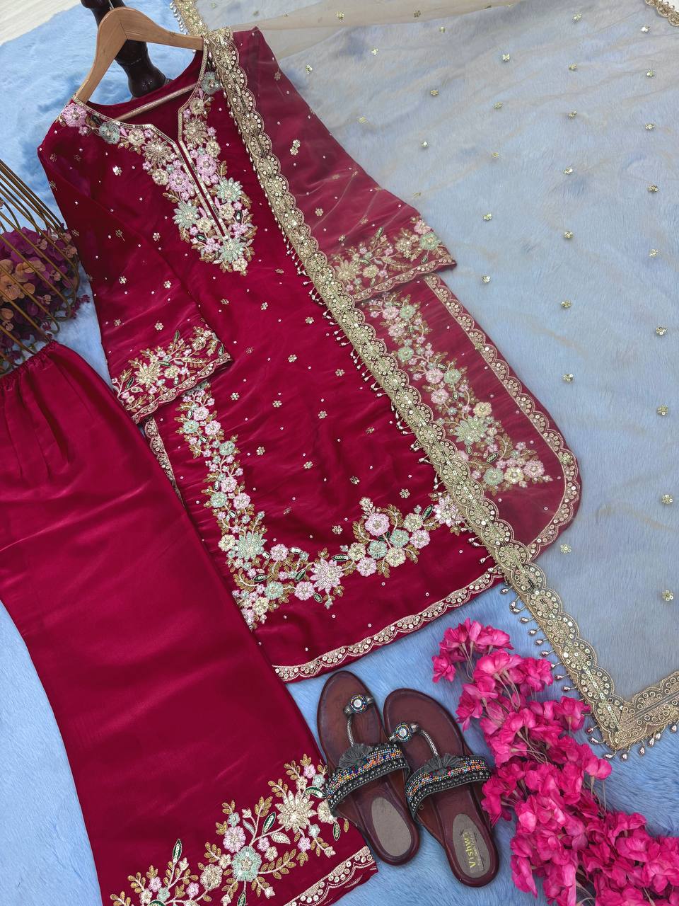 Red Designer Party Wear Chinon Silk Plazzo Set – Exquisite Embroidery & Handwork