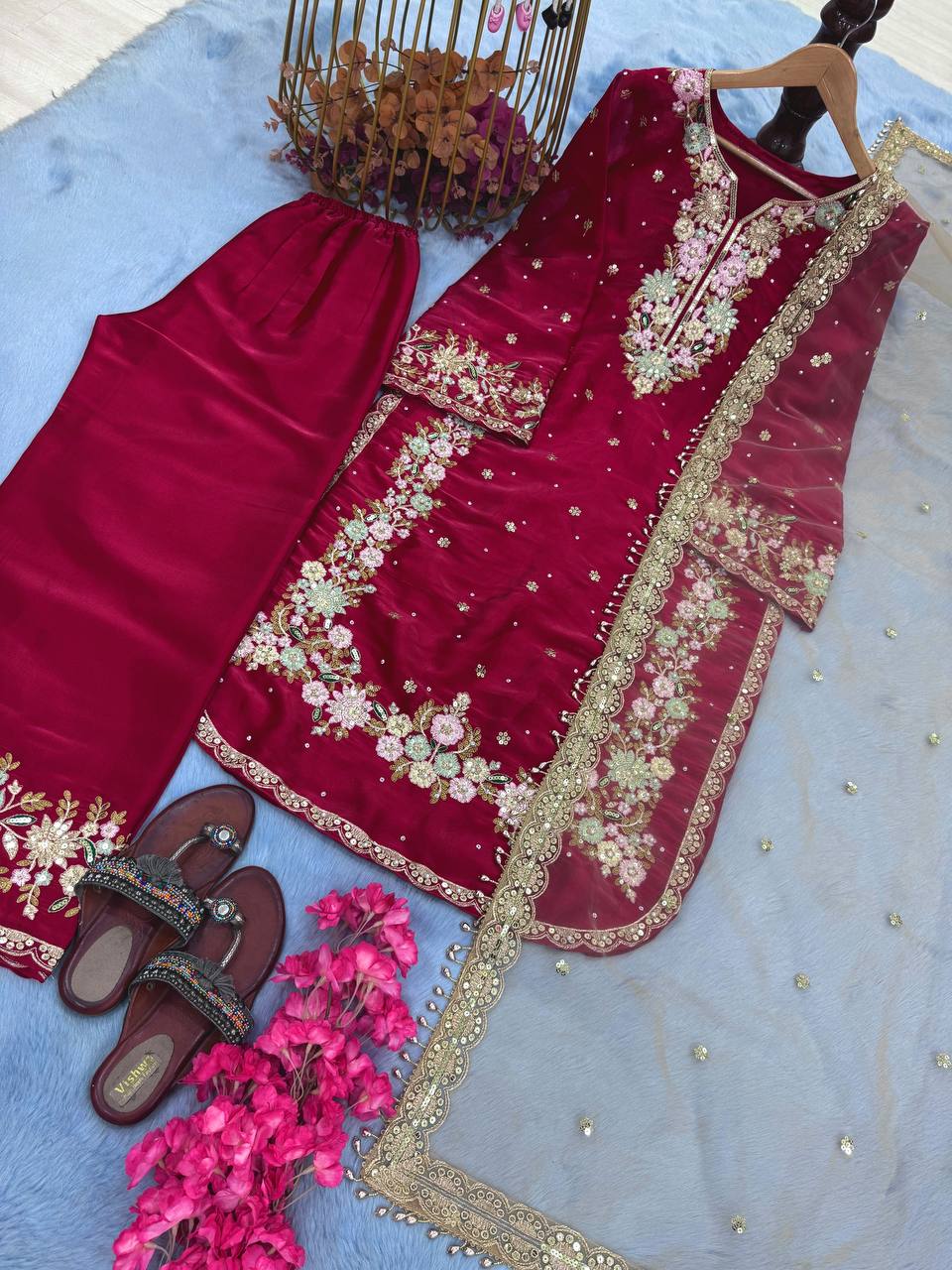 Red Designer Party Wear Chinon Silk Plazzo Set – Exquisite Embroidery & Handwork