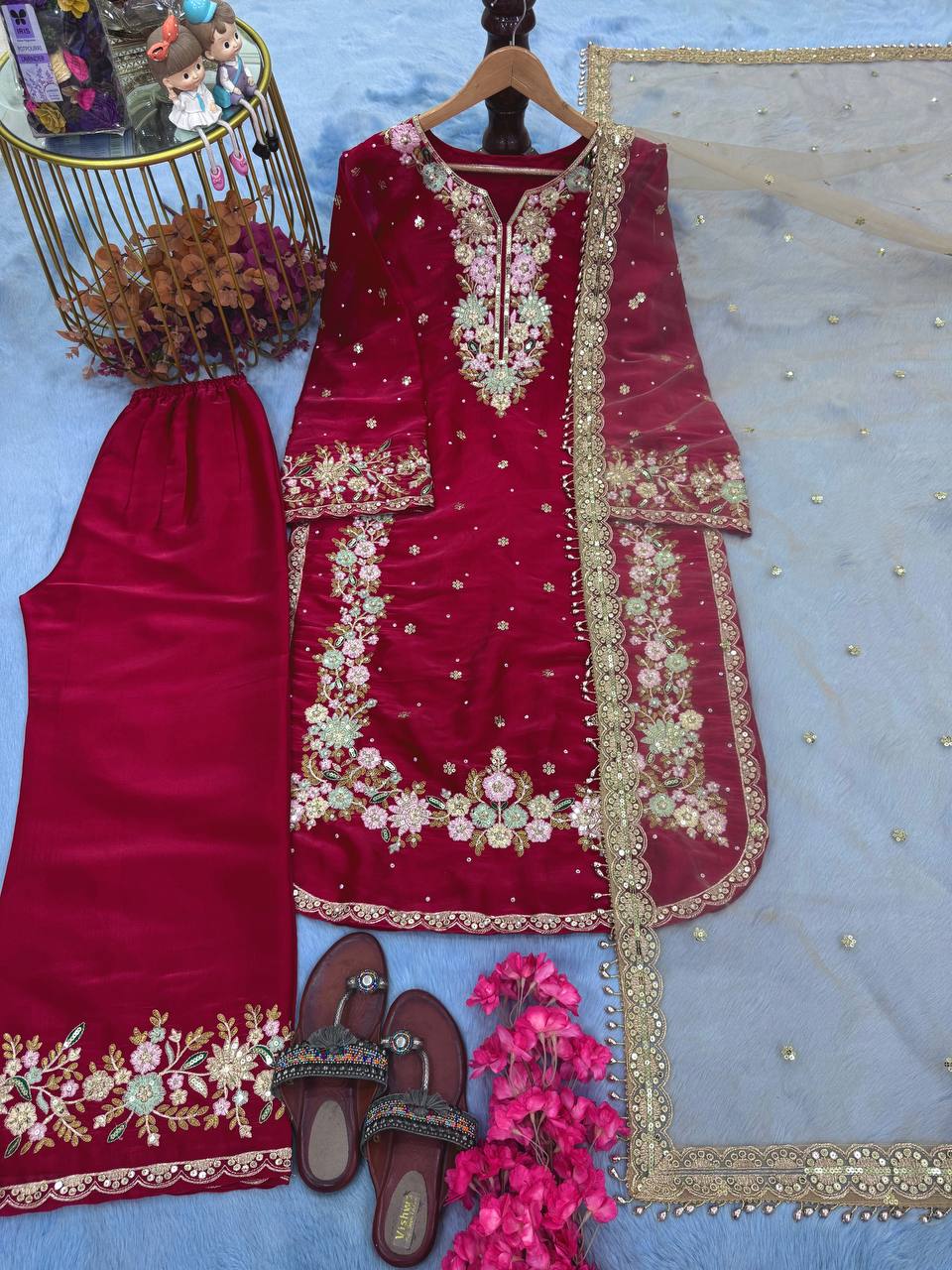 Red Designer Party Wear Chinon Silk Plazzo Set – Exquisite Embroidery & Handwork