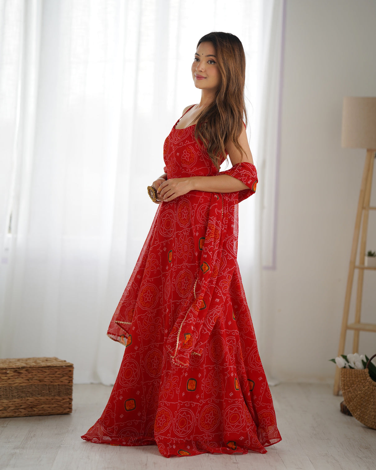 Red Designer Pure Chiffon Bandhej Anarkali Gown with 8-Meter Flare, Padded Backless Dori Pattern & Matching Dupatta – Fully Stitched Festive & Wedding Wear