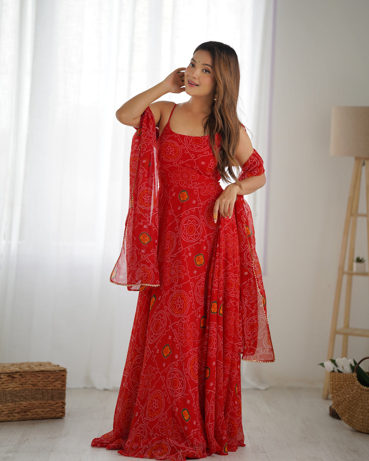 Red Designer Pure Chiffon Bandhej Anarkali Gown with 8-Meter Flare, Padded Backless Dori Pattern & Matching Dupatta – Fully Stitched Festive & Wedding Wear
