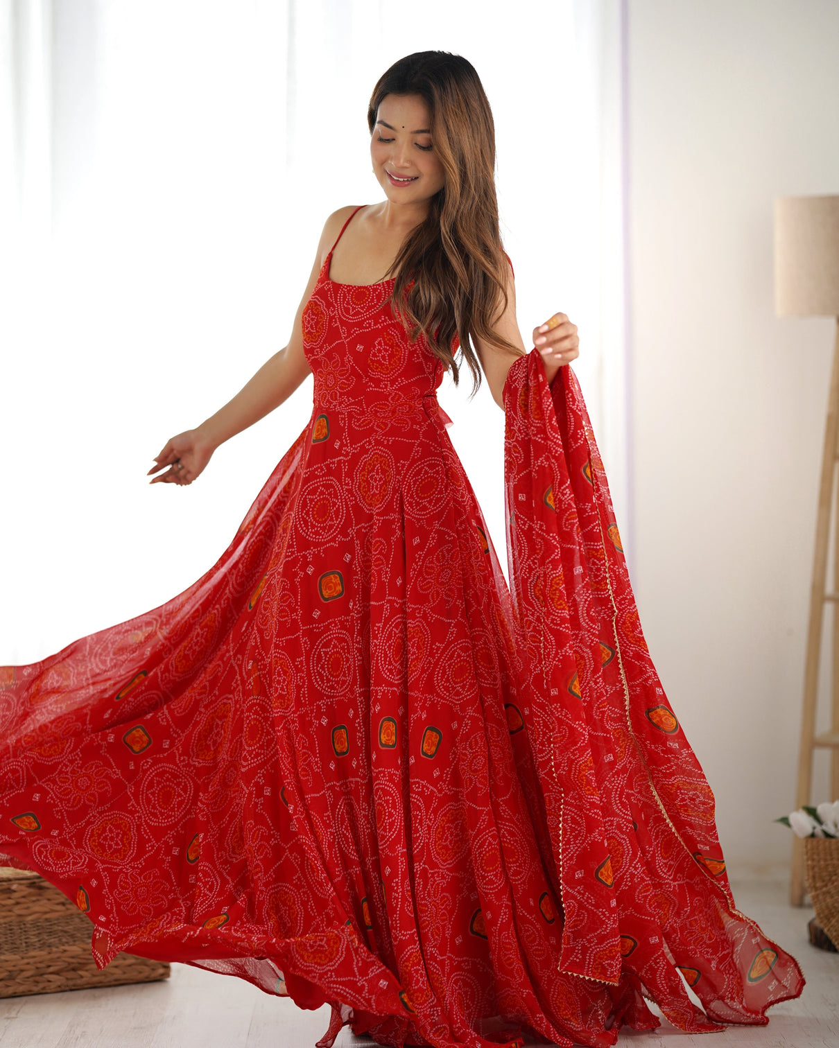 Red Designer Pure Chiffon Bandhej Anarkali Gown with 8-Meter Flare, Padded Backless Dori Pattern & Matching Dupatta – Fully Stitched Festive & Wedding Wear