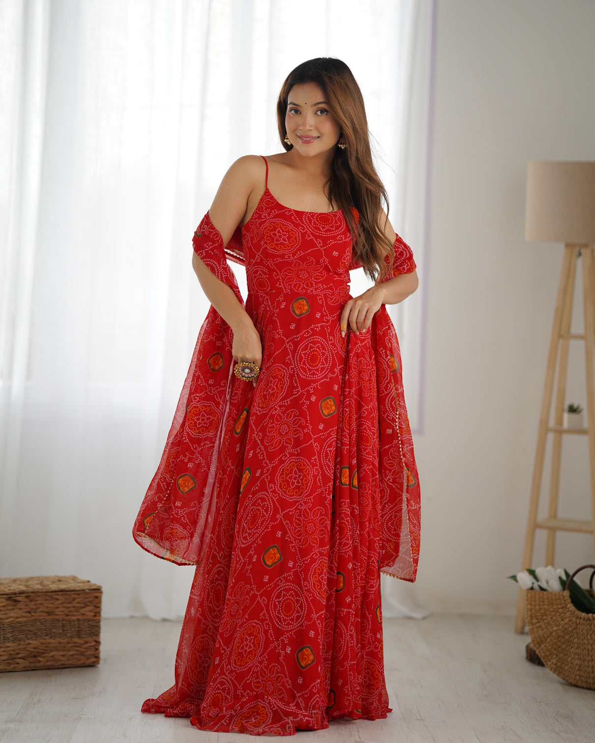 Red Designer Pure Chiffon Bandhej Anarkali Gown with 8-Meter Flare, Padded Backless Dori Pattern & Matching Dupatta – Fully Stitched Festive & Wedding Wear