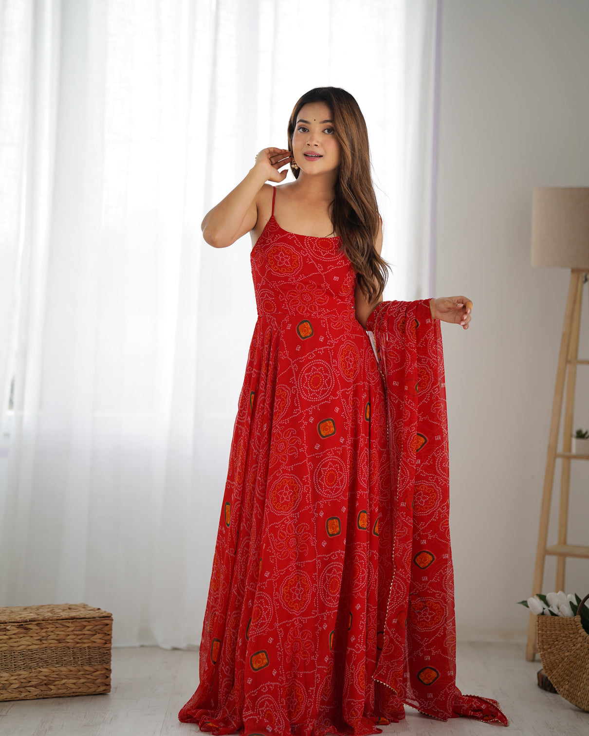 Red Designer Pure Chiffon Bandhej Anarkali Gown with 8-Meter Flare, Padded Backless Dori Pattern & Matching Dupatta – Fully Stitched Festive & Wedding Wear