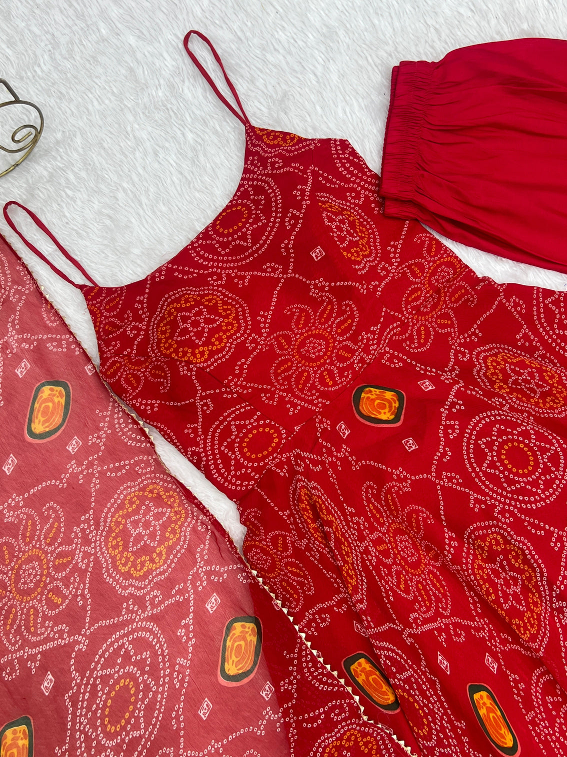 Red Designer Pure Chiffon Bandhej Anarkali Gown with 8-Meter Flare, Padded Backless Dori Pattern & Matching Dupatta – Fully Stitched Festive & Wedding Wear