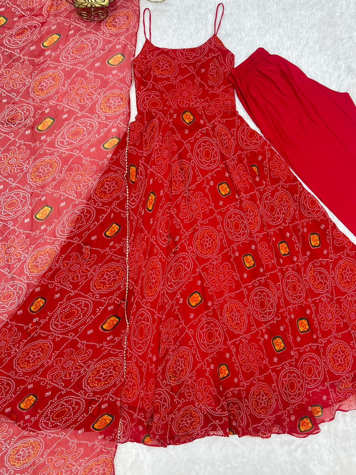 Red Designer Pure Chiffon Bandhej Anarkali Gown with 8-Meter Flare, Padded Backless Dori Pattern & Matching Dupatta – Fully Stitched Festive & Wedding Wear