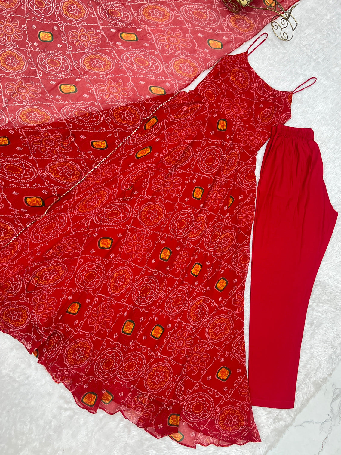 Red Designer Pure Chiffon Bandhej Anarkali Gown with 8-Meter Flare, Padded Backless Dori Pattern & Matching Dupatta – Fully Stitched Festive & Wedding Wear