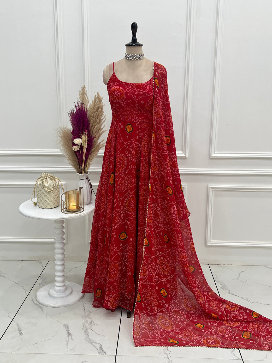 Red Designer Pure Chiffon Bandhej Anarkali Gown with 8-Meter Flare, Padded Backless Dori Pattern & Matching Dupatta – Fully Stitched Festive & Wedding Wear