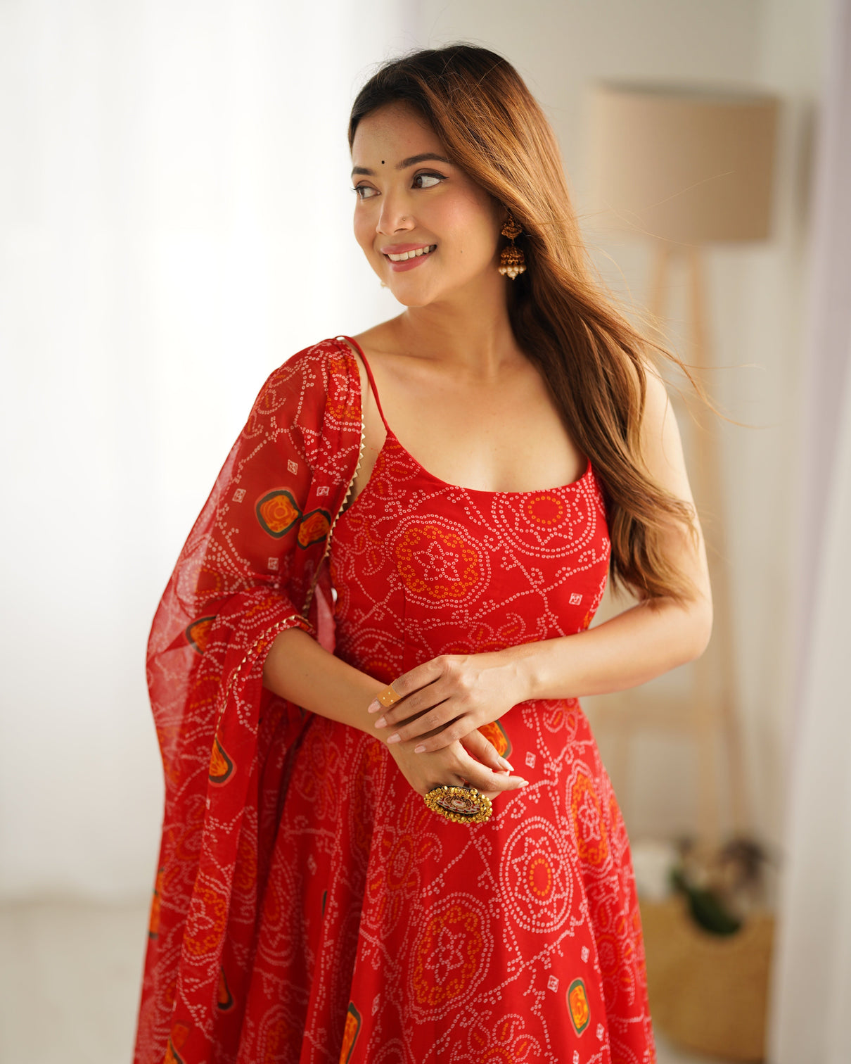 Red Designer Pure Chiffon Bandhej Anarkali Gown with 8-Meter Flare, Padded Backless Dori Pattern & Matching Dupatta – Fully Stitched Festive & Wedding Wear
