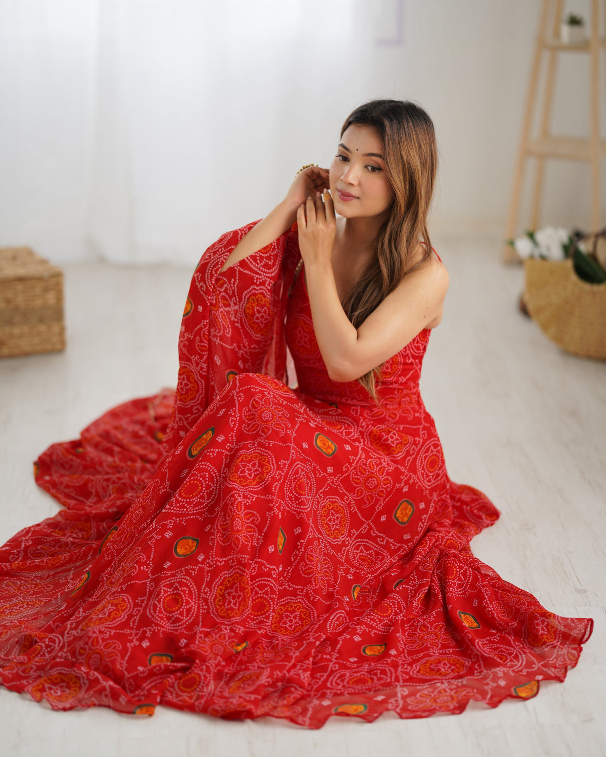 Red Designer Pure Chiffon Bandhej Anarkali Gown with 8-Meter Flare, Padded Backless Dori Pattern & Matching Dupatta – Fully Stitched Festive & Wedding Wear