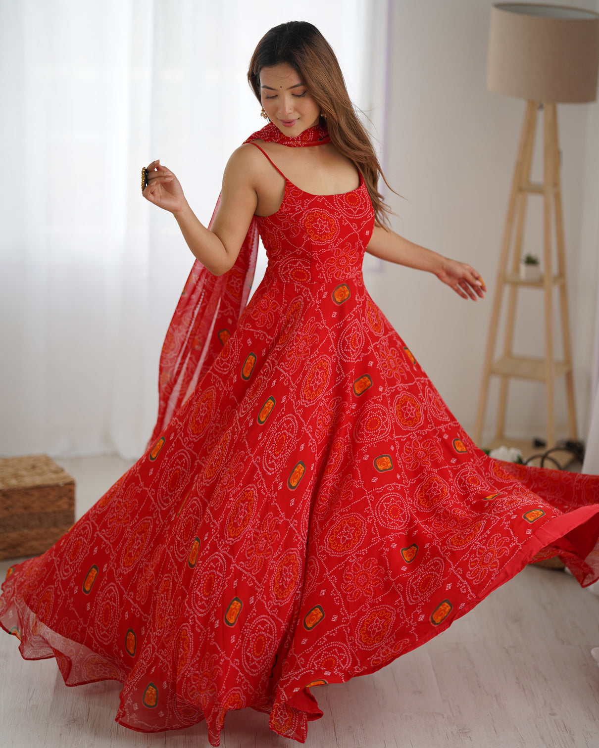 Red Designer Pure Chiffon Bandhej Anarkali Gown with 8-Meter Flare, Padded Backless Dori Pattern & Matching Dupatta – Fully Stitched Festive & Wedding Wear