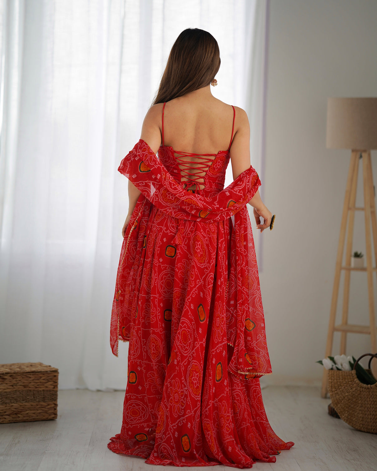 Red Designer Pure Chiffon Bandhej Anarkali Gown with 8-Meter Flare, Padded Backless Dori Pattern & Matching Dupatta – Fully Stitched Festive & Wedding Wear