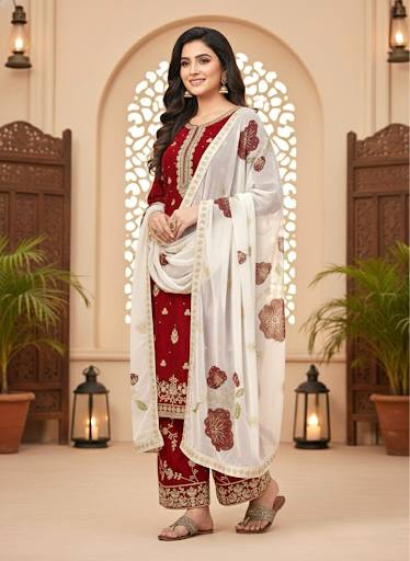 Red Designer Pure Fendi Silk Heavy Embroidered Kurta Palazzo Set with 5 mm Sequins, Rivet Moti Work & Digital Printed Tabby Silk Dupatta