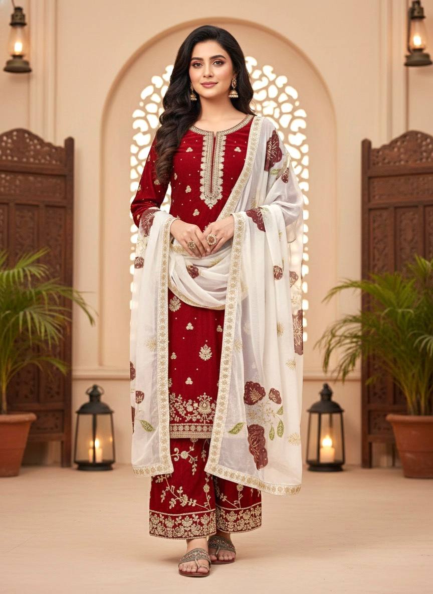 Red Designer Pure Fendi Silk Heavy Embroidered Kurta Palazzo Set with 5 mm Sequins, Rivet Moti Work & Digital Printed Tabby Silk Dupatta