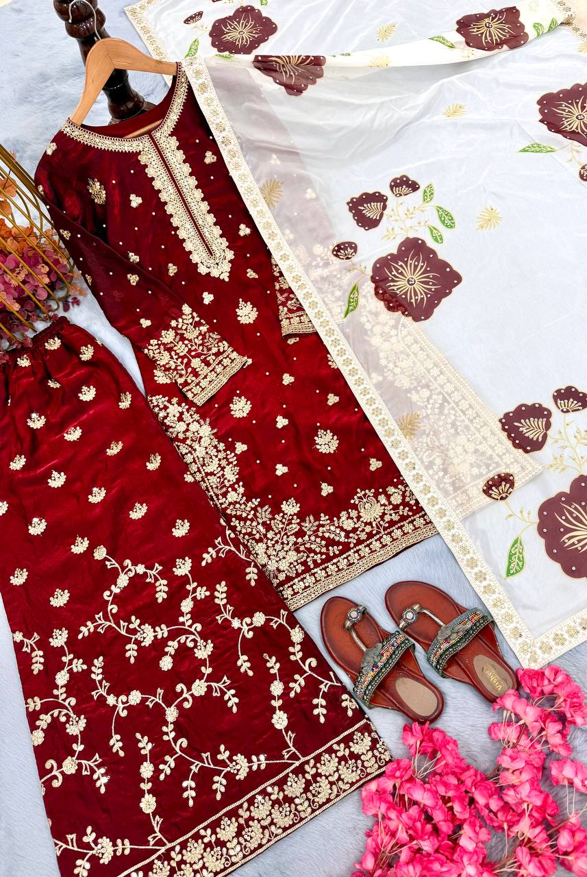 Red Designer Pure Fendi Silk Heavy Embroidered Kurta Palazzo Set with 5 mm Sequins, Rivet Moti Work & Digital Printed Tabby Silk Dupatta
