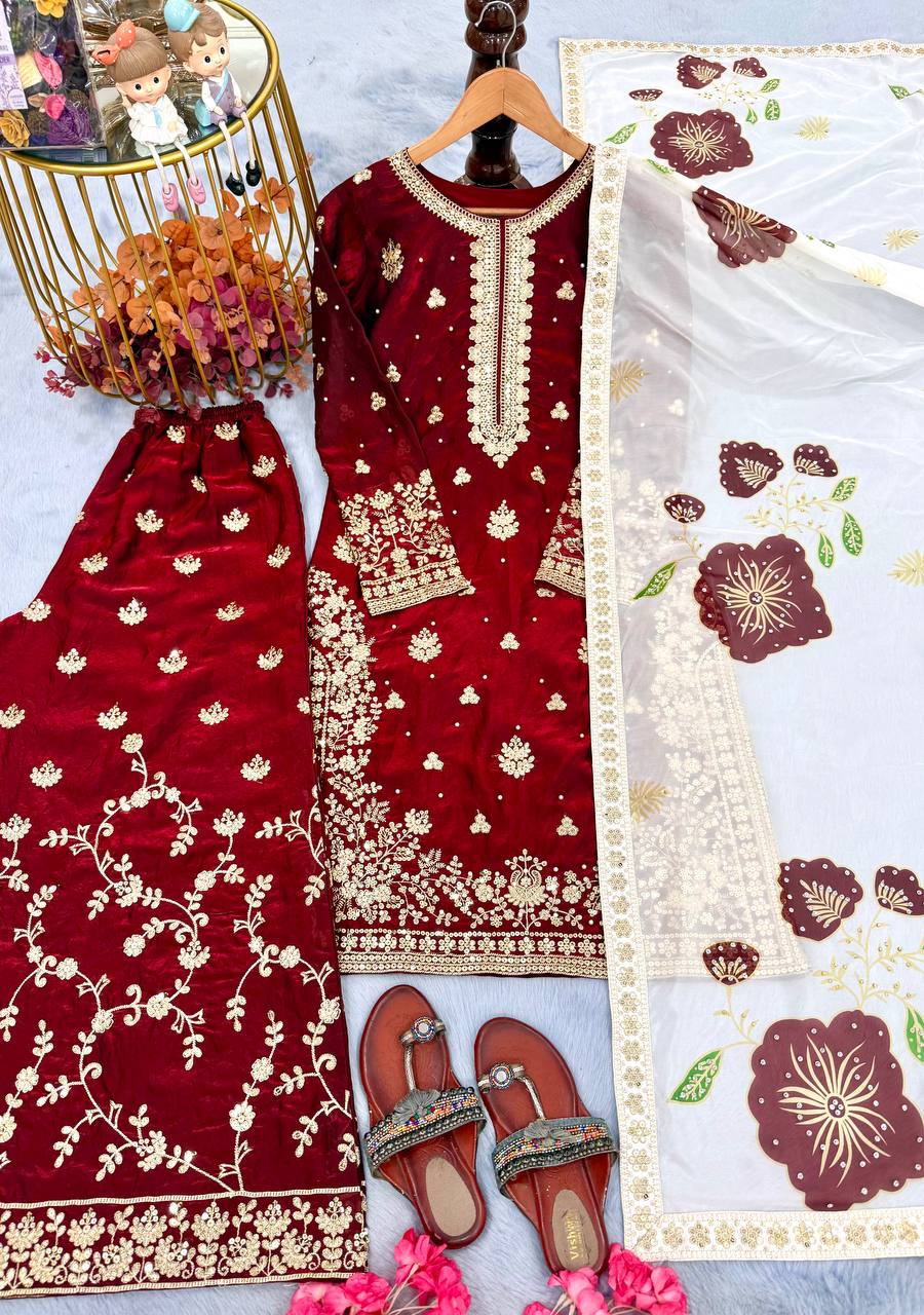 Red Designer Pure Fendi Silk Heavy Embroidered Kurta Palazzo Set with 5 mm Sequins, Rivet Moti Work & Digital Printed Tabby Silk Dupatta