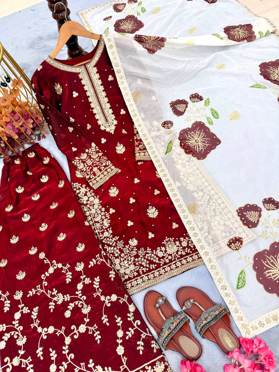Red Designer Pure Fendi Silk Heavy Embroidered Kurta Palazzo Set with 5 mm Sequins, Rivet Moti Work & Digital Printed Tabby Silk Dupatta