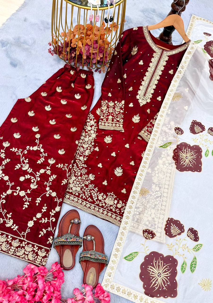 Red Designer Pure Fendi Silk Heavy Embroidered Kurta Palazzo Set with 5 mm Sequins, Rivet Moti Work & Digital Printed Tabby Silk Dupatta