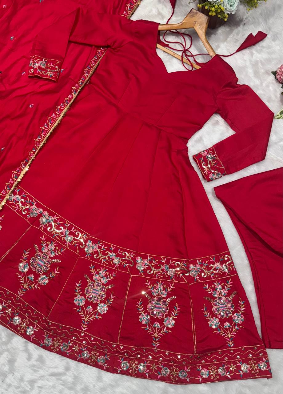 Red Designer Roman Silk Anarkali Suit Set with Heavy Multi Embroidery & Sequin Work