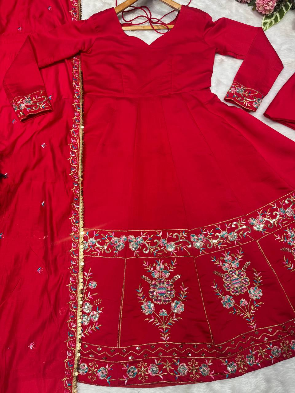 Red Designer Roman Silk Anarkali Suit Set with Heavy Multi Embroidery & Sequin Work