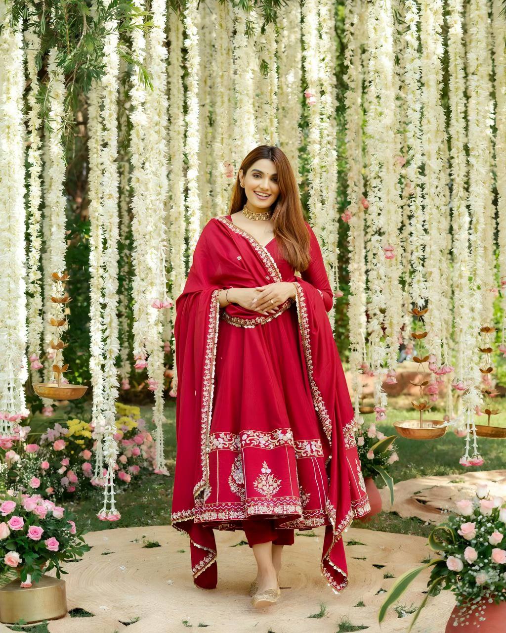 Red Designer Roman Silk Anarkali Suit Set with Heavy Multi Embroidery & Sequin Work