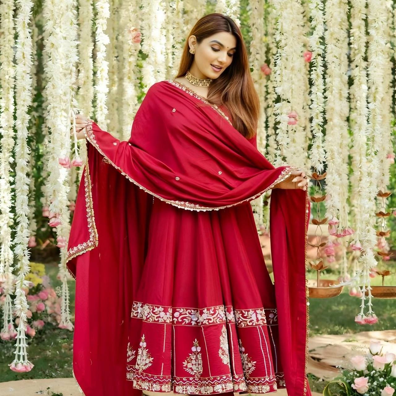Red Designer Roman Silk Anarkali Suit Set with Heavy Multi Embroidery & Sequin Work