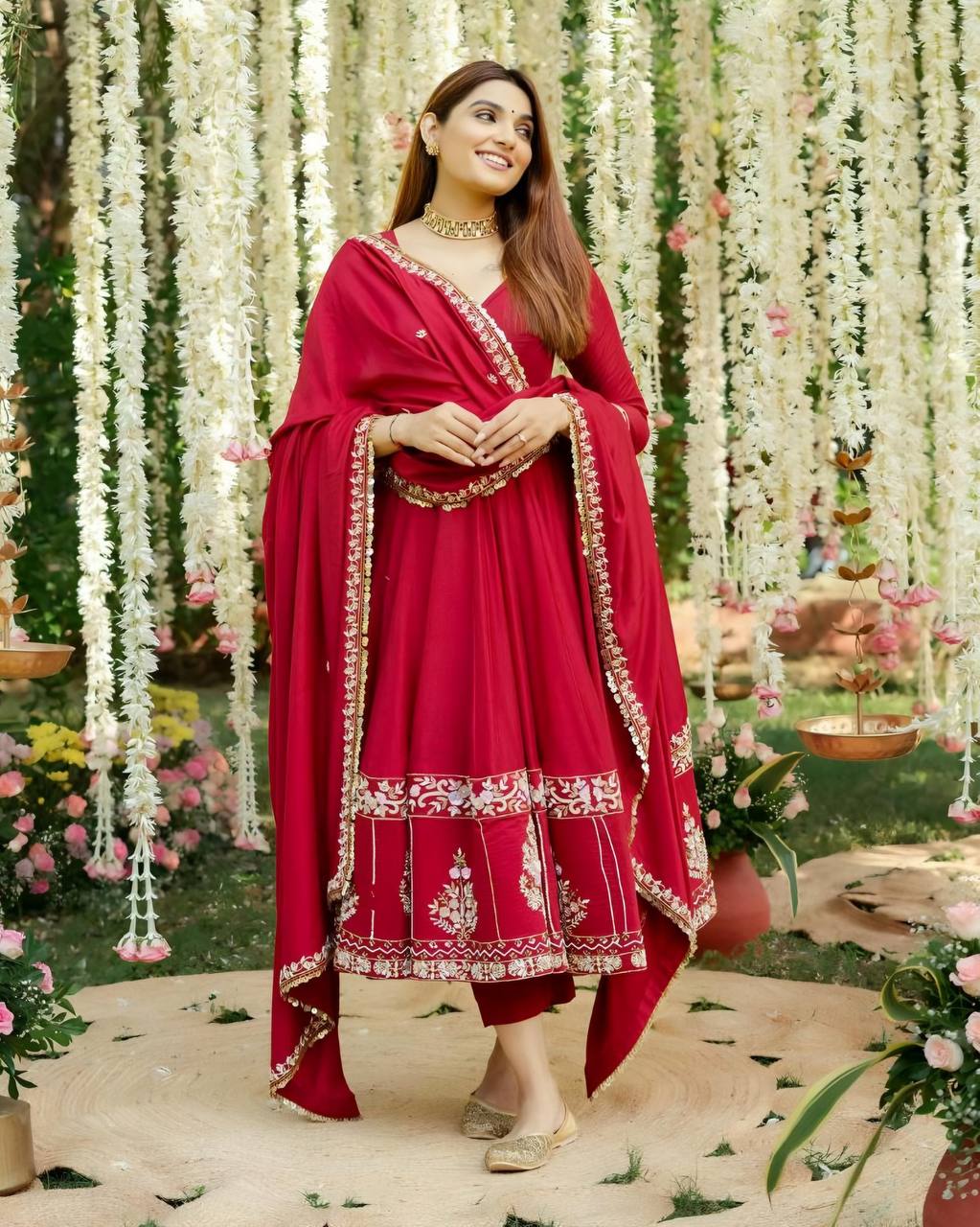 Red Designer Roman Silk Anarkali Suit Set with Heavy Multi Embroidery & Sequin Work