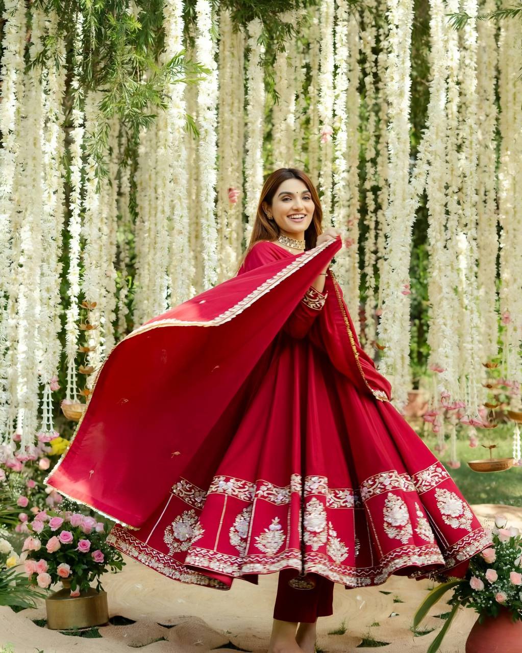 Red Designer Roman Silk Anarkali Suit Set with Heavy Multi Embroidery & Sequin Work